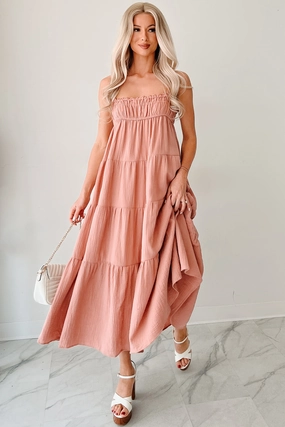 Twilight Glow Sleeveless Tiered Maxi Dress (Clay) Elegant Simplicity Fluid Fabric