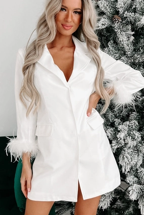 Peaked Your Interest Feather Cuffed Blazer Dress (Ivory) Hypoallergenic Inner Layer