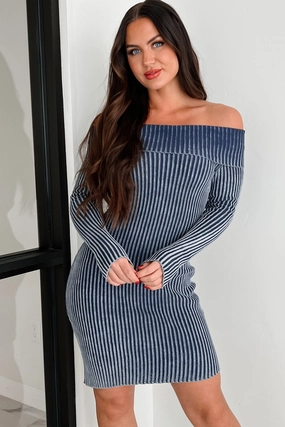Peggy Off The Shoulder Sweater Dress (Dark Denim Blue) Trendy floral dress Day-to-evening dress