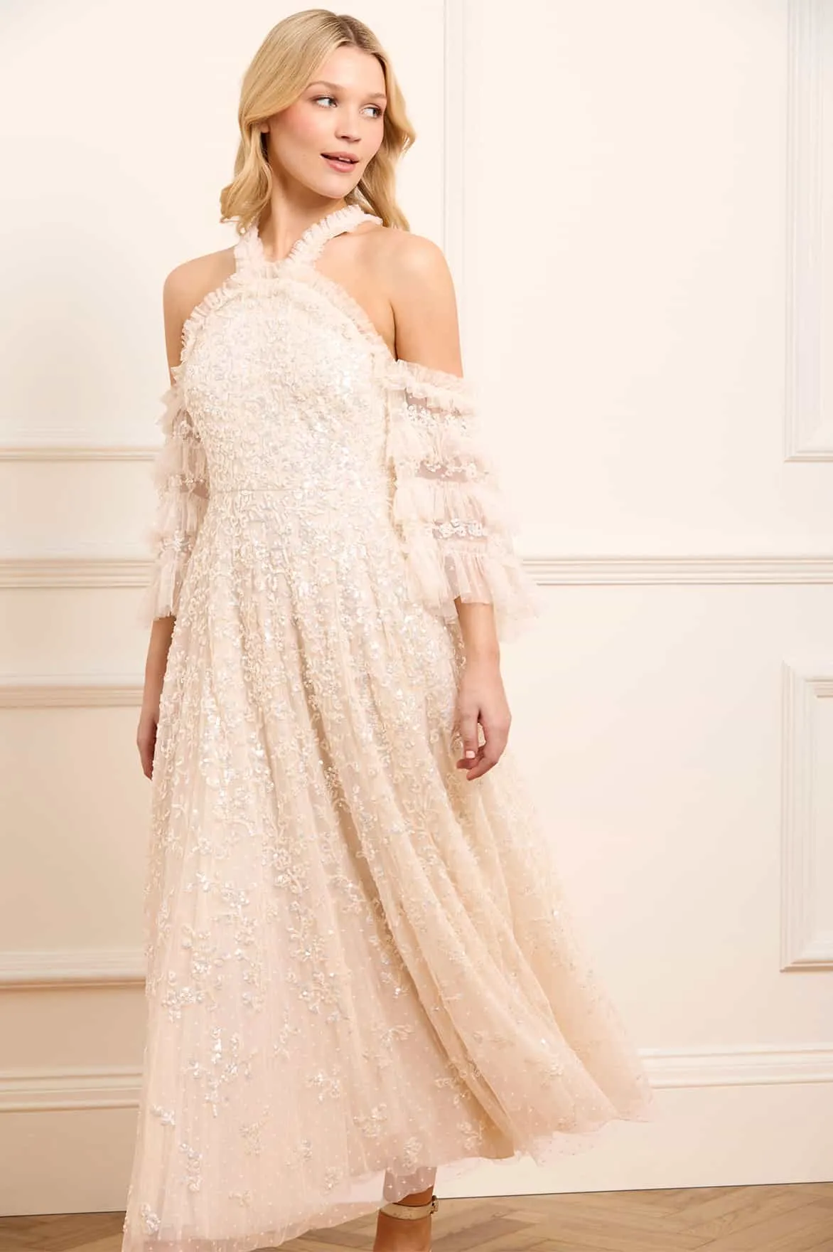Luxe Look Floral Lace Off-Shoulder Ankle Gown