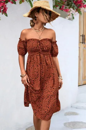 Refined Line Layered Fit PATTERNED OFF SHOULDER PUFF SLEEVE DRESS