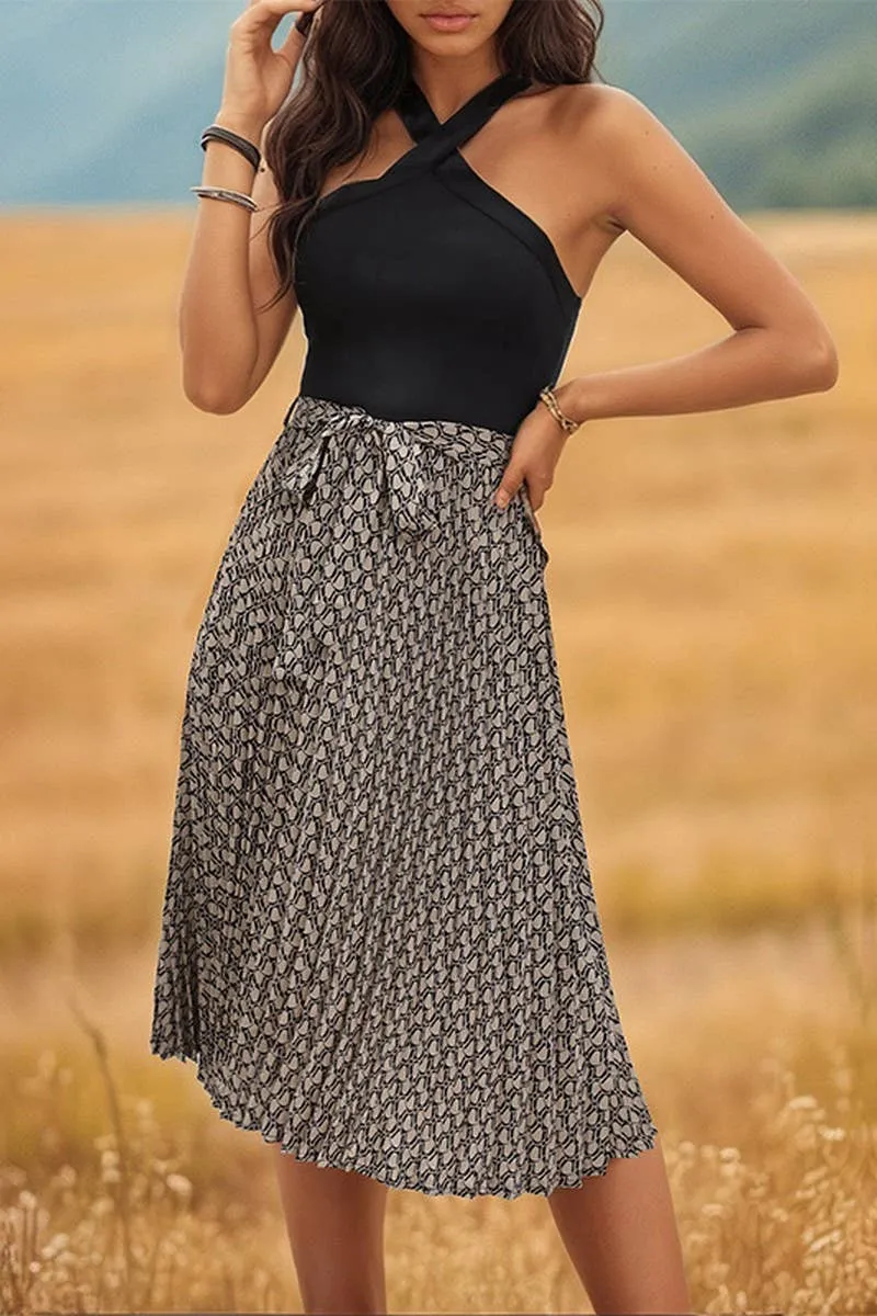COLOR MATCHING CROSS HANGING NECK STRAP DRESS_CWDSD2896 BreathableFabric Back-Pocket