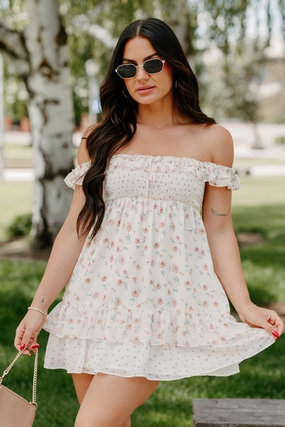 Side-Pocket Vibrant pattern Becoming Her Off The Shoulder Floral Mini Dress (Cream)