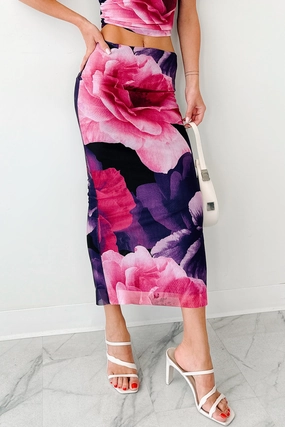 Mood Manifest Floral Mesh Midi Skirt (Pink/Purple) Casual Comfort Look Light Fabric