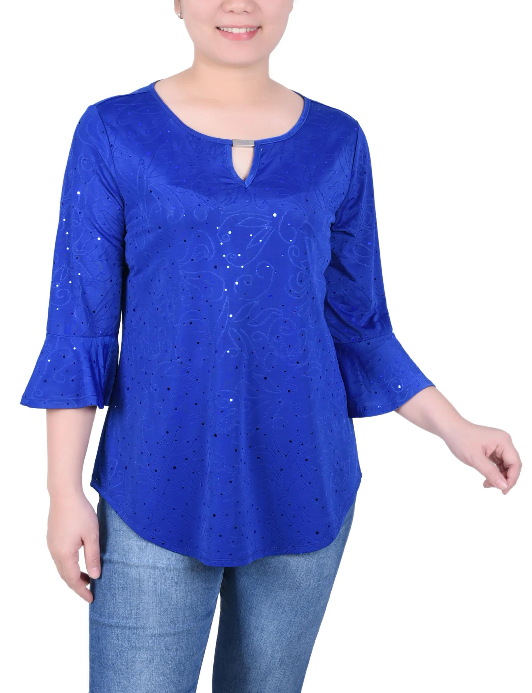 Petite 3/4 Bell Sleeve Top With Hardware Airflow Ventilation Quick Access Zipper