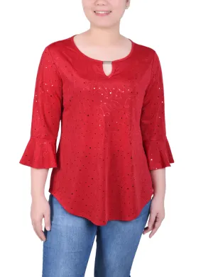 Petite 3/4 Bell Sleeve Top With Hardware Printed T-shirt LightweightTexture