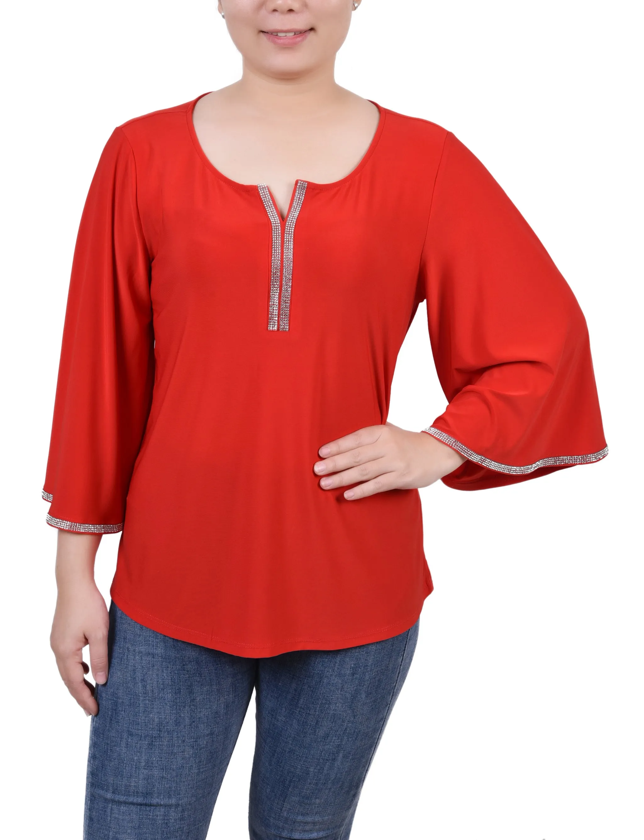 Petite 3/4 Bell Sleeve Top With Stones Hydrophobic Threadwork Tear Resistant Reinforcement