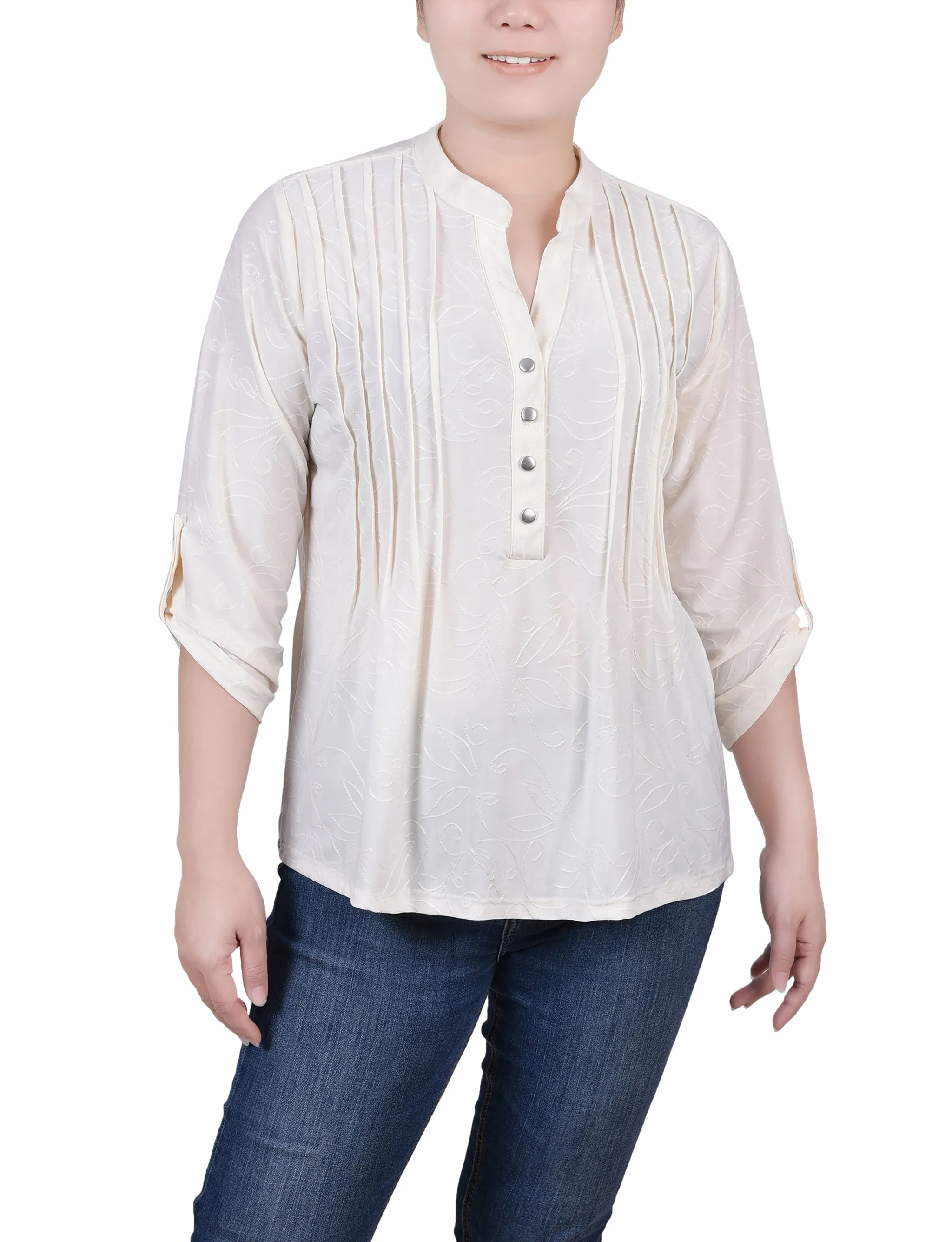 Petite 3/4 Roll Tab Pullover Top Printed Blouse CompactSize