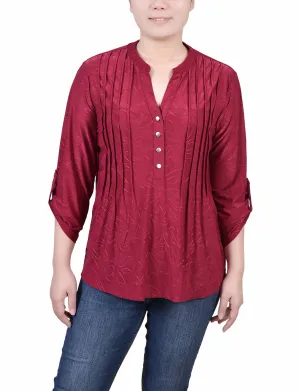 Textured Weave Pattern DualLayer Weave Petite 3/4 Roll Tab Pullover Top