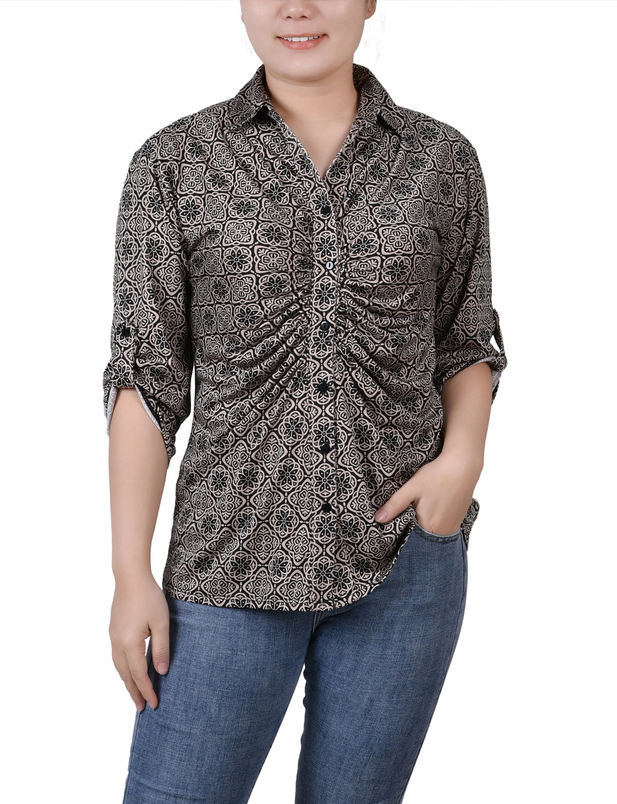 Petite 3/4 Roll Tab Rouched-Front Top Reinforced Shoulder Seams