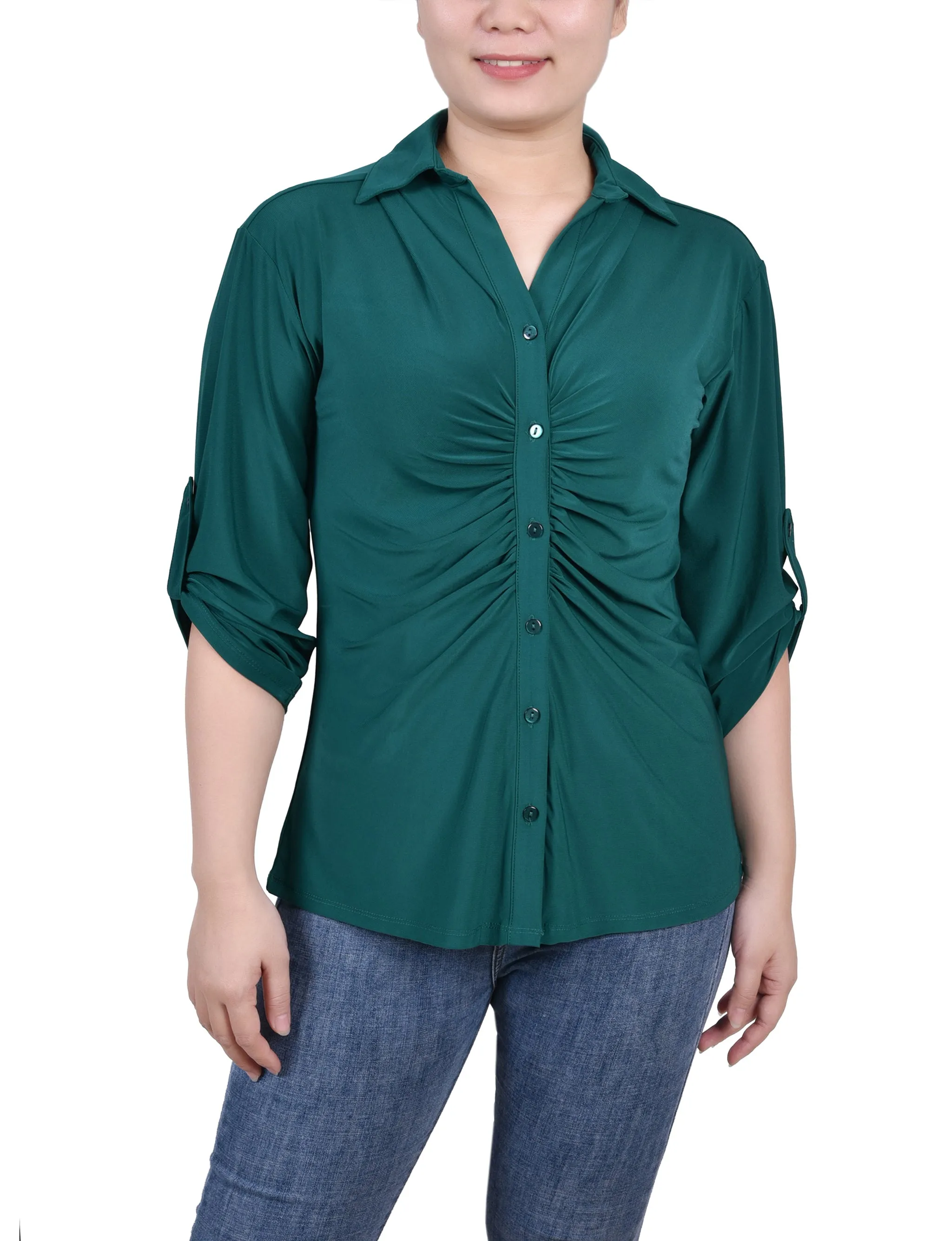 ComfortStretchFit Petite 3/4 Roll Tab Rouched-Front Top
