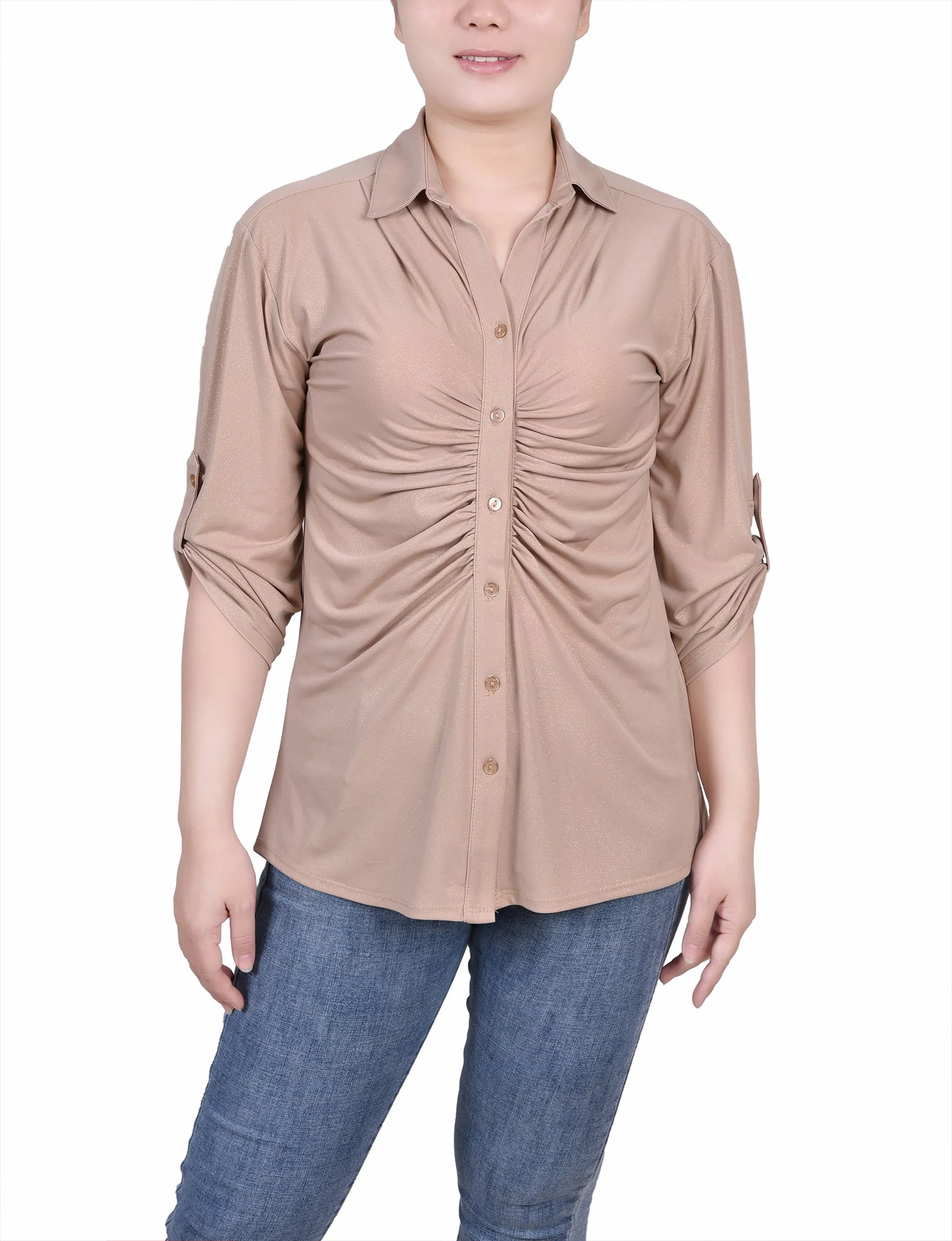 Minimalist Cuff Petite 3/4 Roll Tab Rouched-Front Top