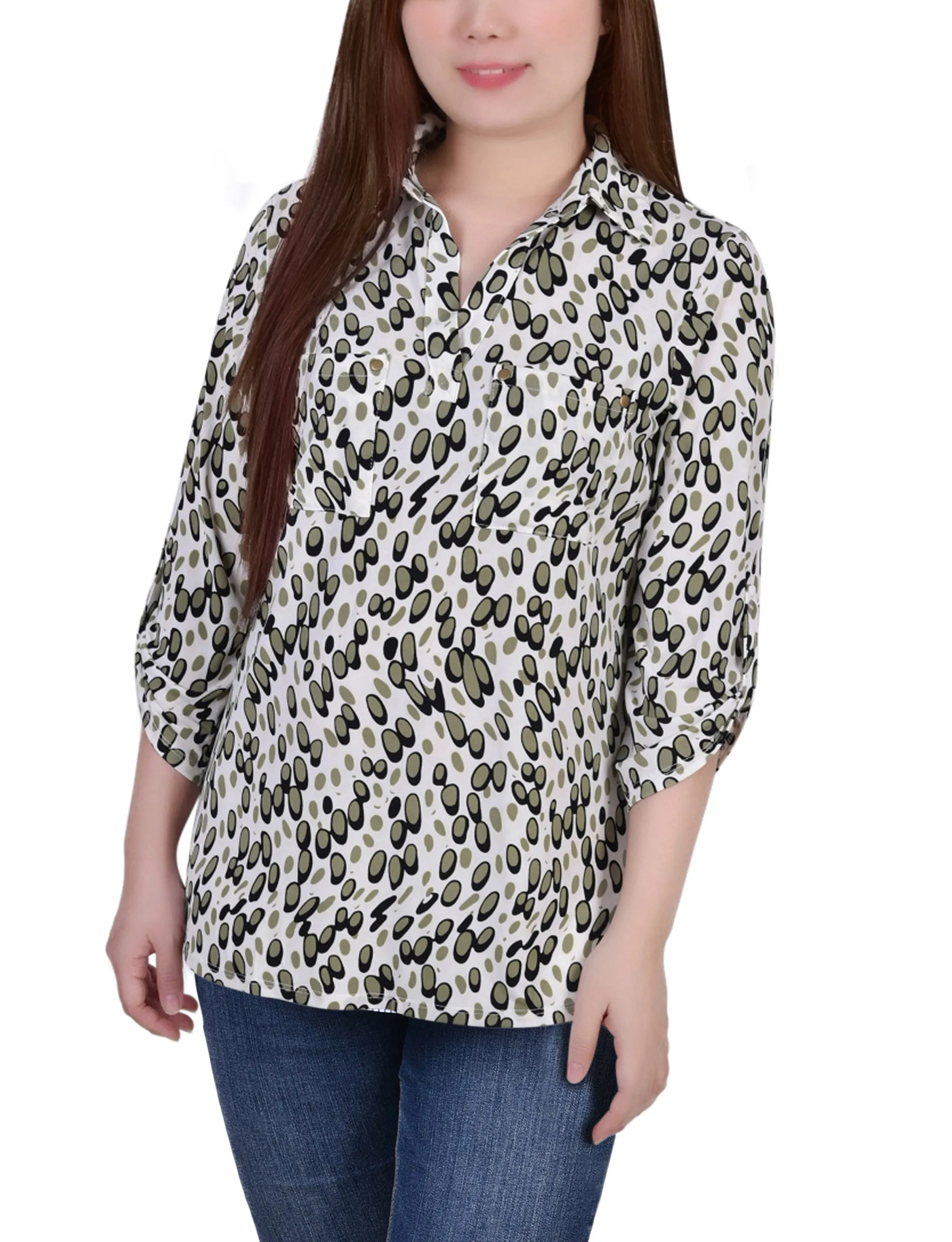 Petite 3/4 Roll Tab Sleeve Studded Y Neck Top LowImpact Manufacturing