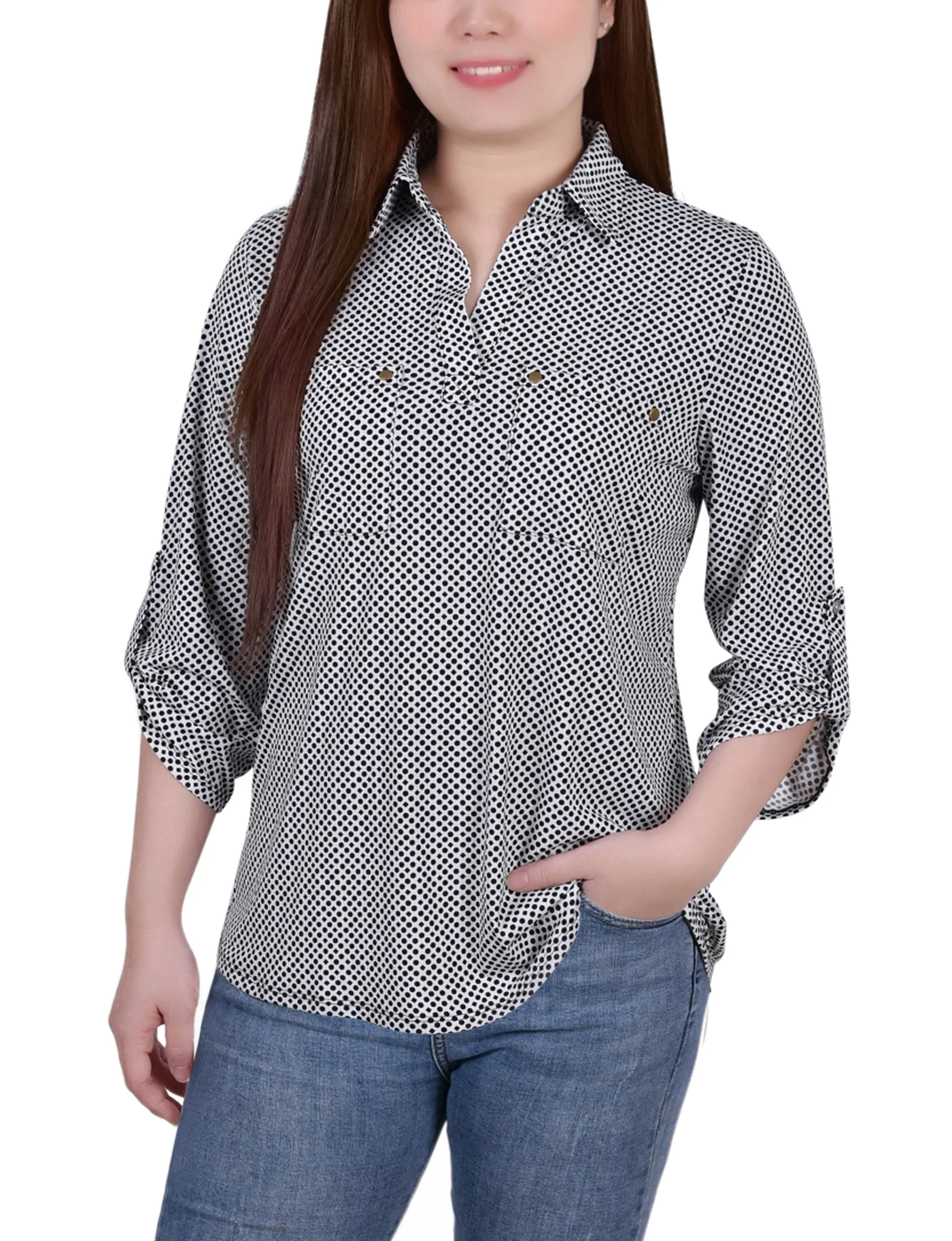 Snag Resistant Surface Petite 3/4 Roll Tab Sleeve Studded Y Neck Top