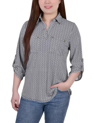 Snag Resistant Surface Petite 3/4 Roll Tab Sleeve Studded Y Neck Top