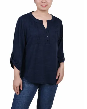 Casual Tee ThermalLining Petite 3/4 Roll Tab Sleeve Y Neck Top