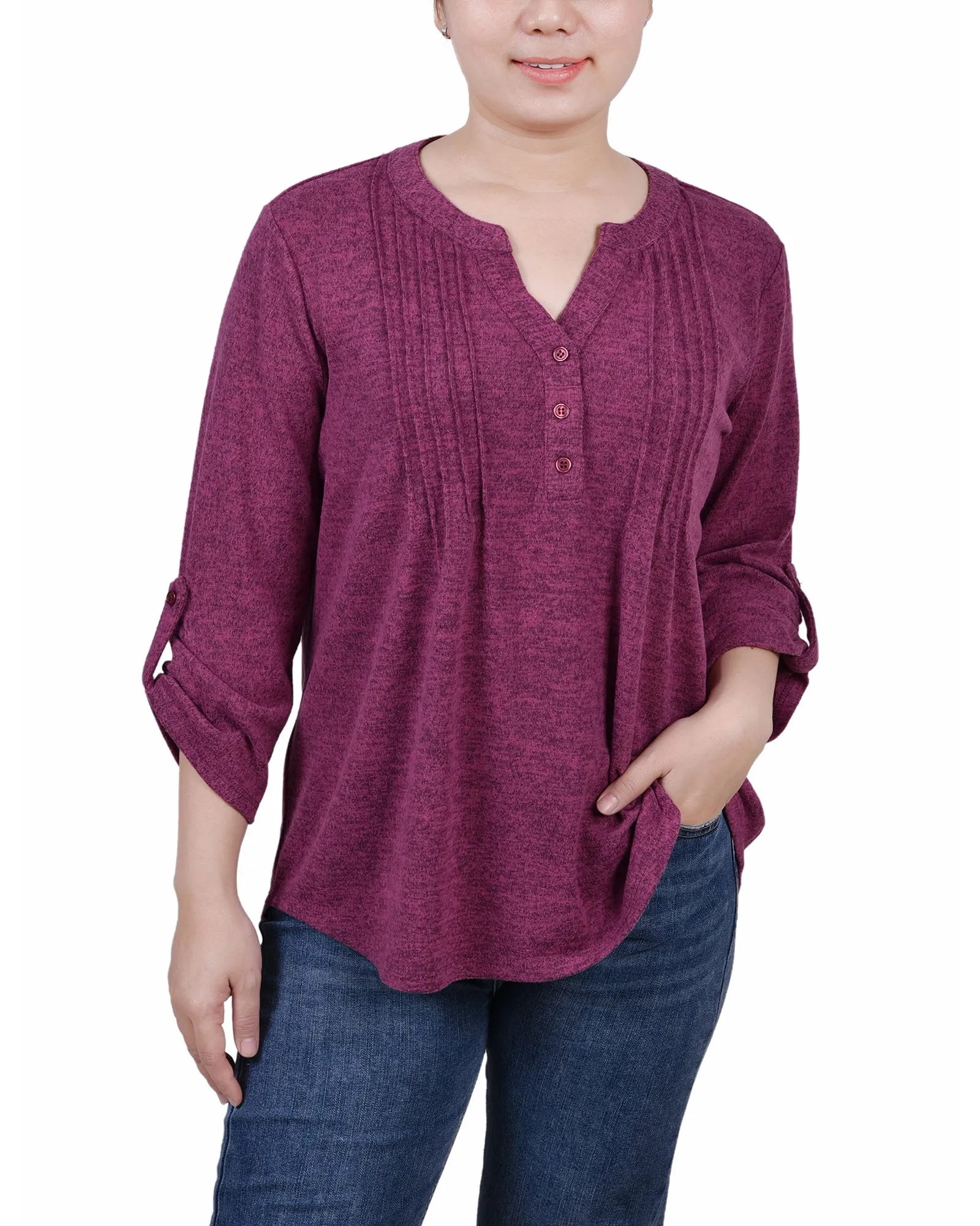 Petite 3/4 Roll Tab Sleeve Y Neck Top TemperatureRegulating Material