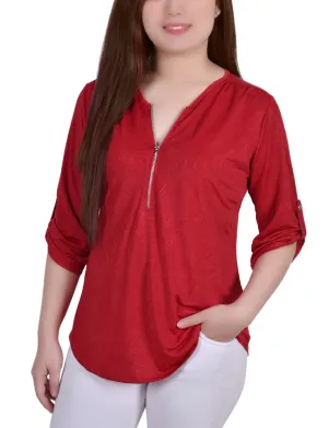 Petite 3/4 Roll Tab Zip Front Jacquard Knit Top Breathable Construction Odor Resistant Fabric
