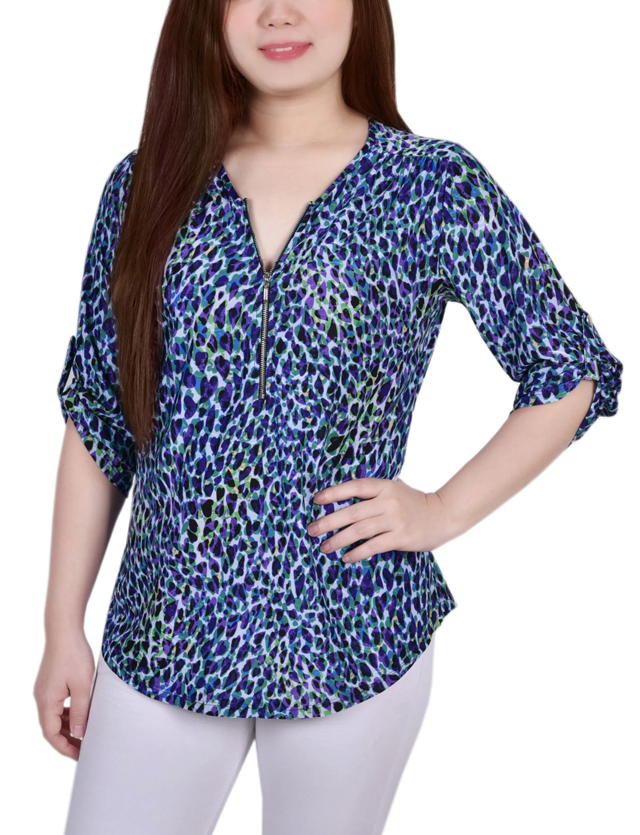 Petite 3/4 Roll Tab Zip Front Jacquard Knit Top RelaxedFit Midweight Four Way Stretch