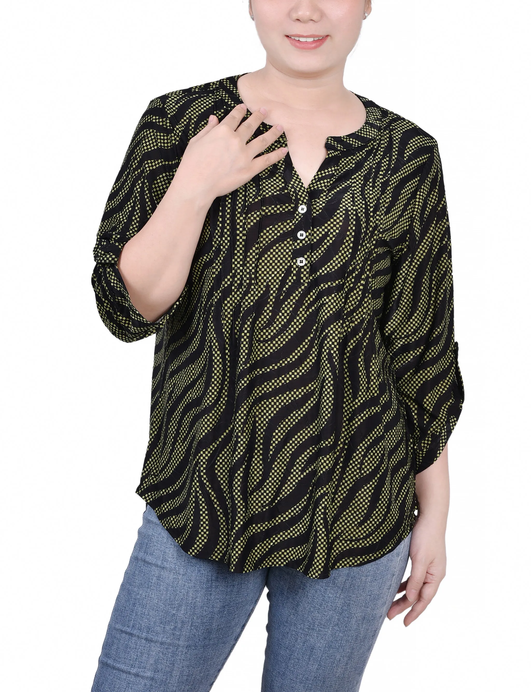 Petite 3/4 Roll Tap Pullover Top Button Down Collar