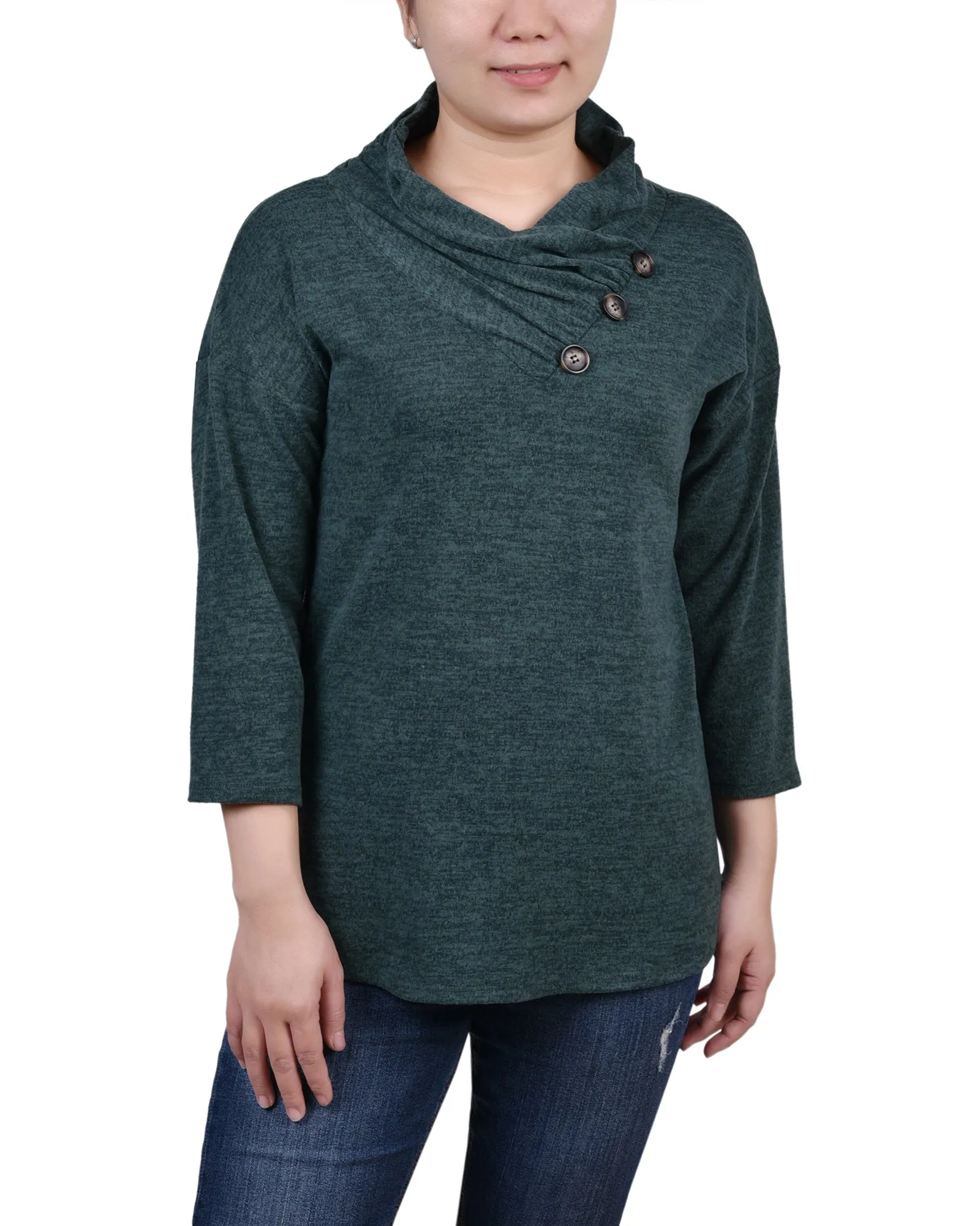 All Purpose Casual Cut DoubleStitched Petite 3/4 Sleeve Crossover Cowl Neck Top