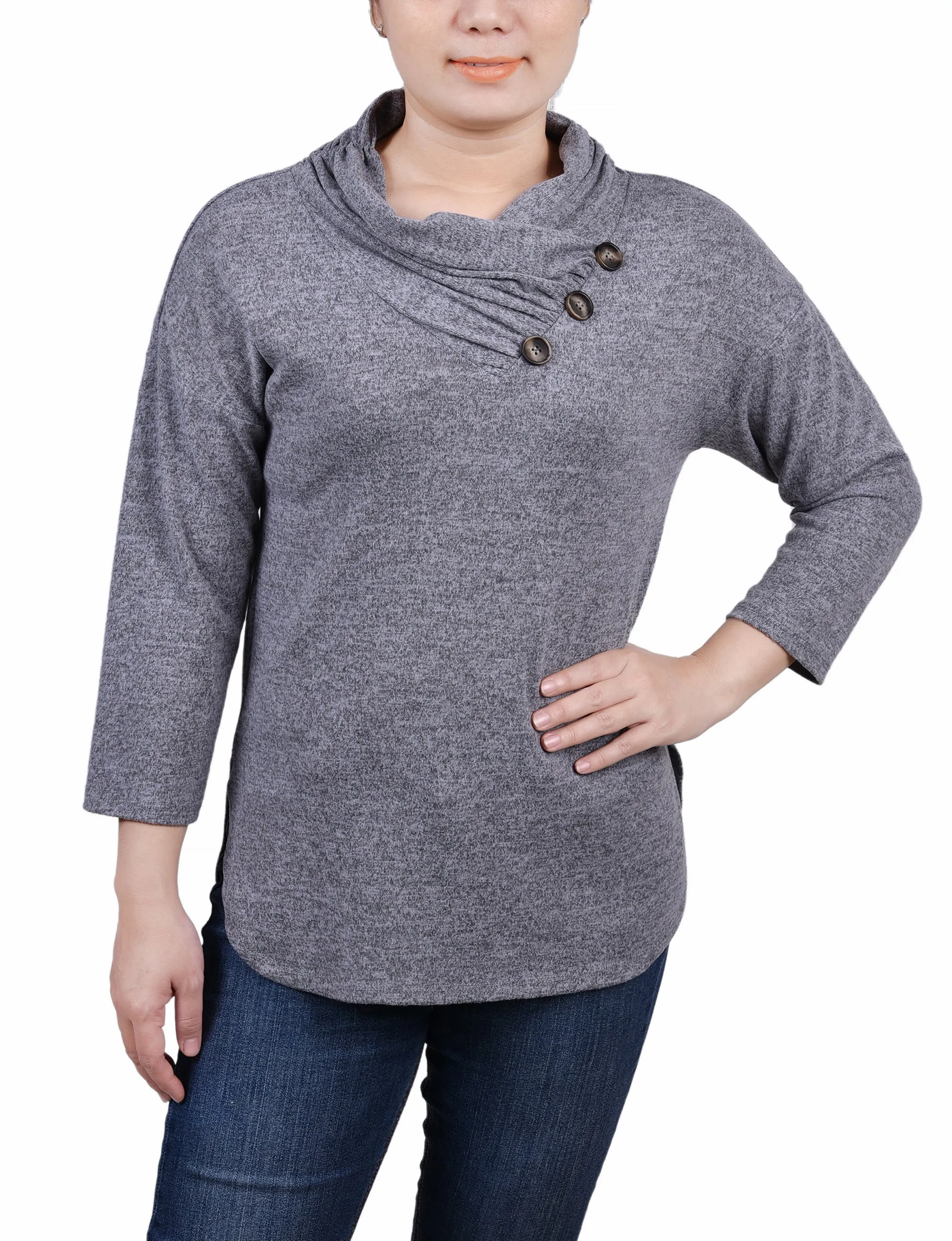 Petite 3/4 Sleeve Crossover Cowl Neck Top Basic Dress ReflectiveTrim