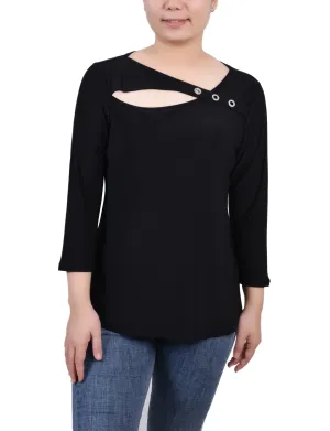 Petite 3/4 Sleeve Cutout Top PocketDetails Flexible Knit