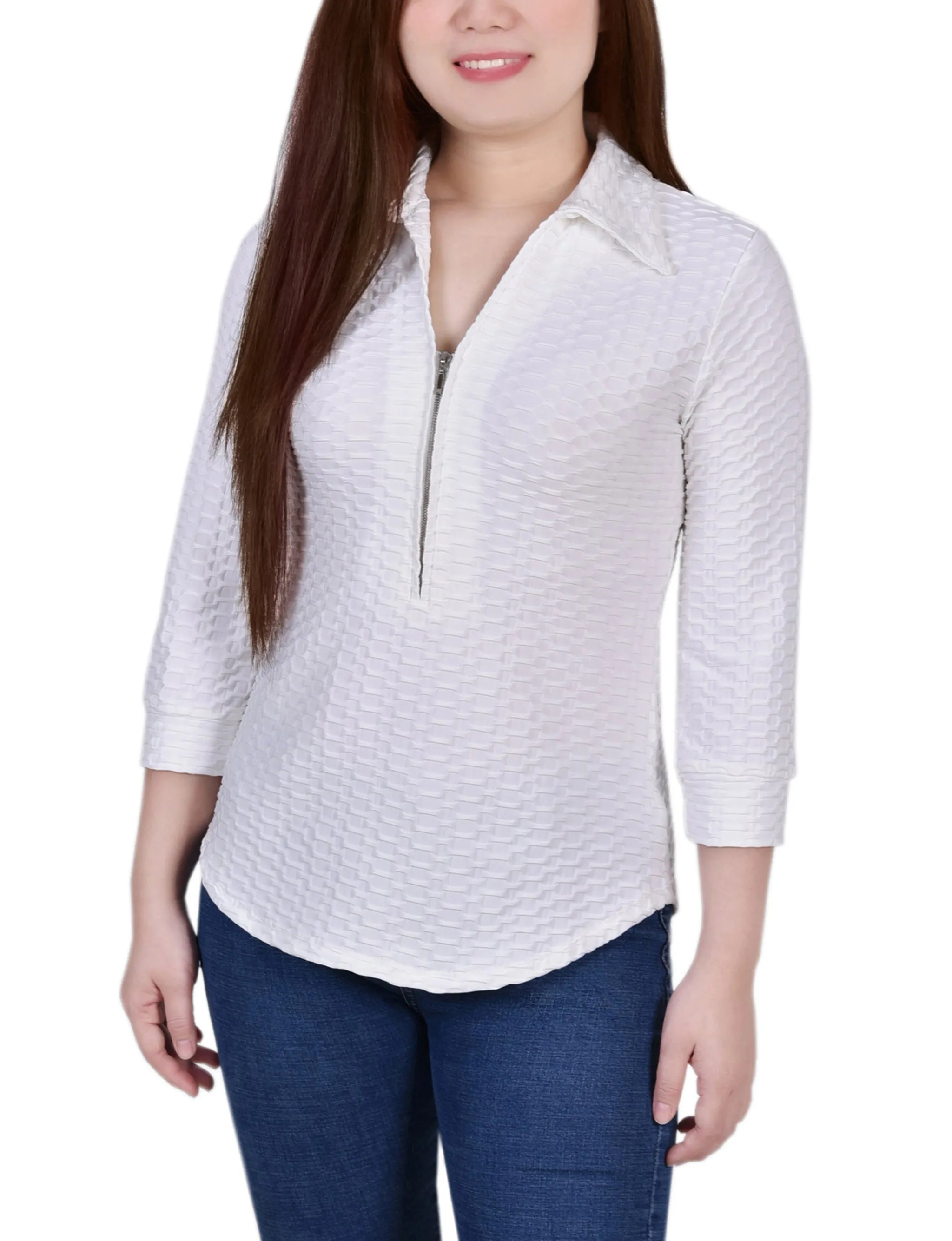Petite 3/4 Sleeve Honeycomb Half Zip Top Tagless Neckline FlexibleSole