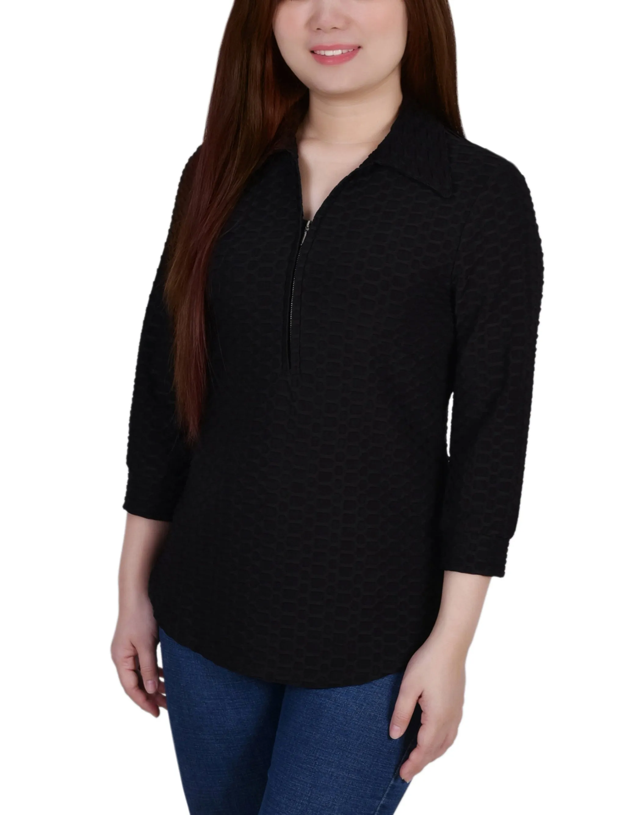 Petite 3/4 Sleeve Honeycomb Half Zip Top Warm Fabric Fleece Pullover