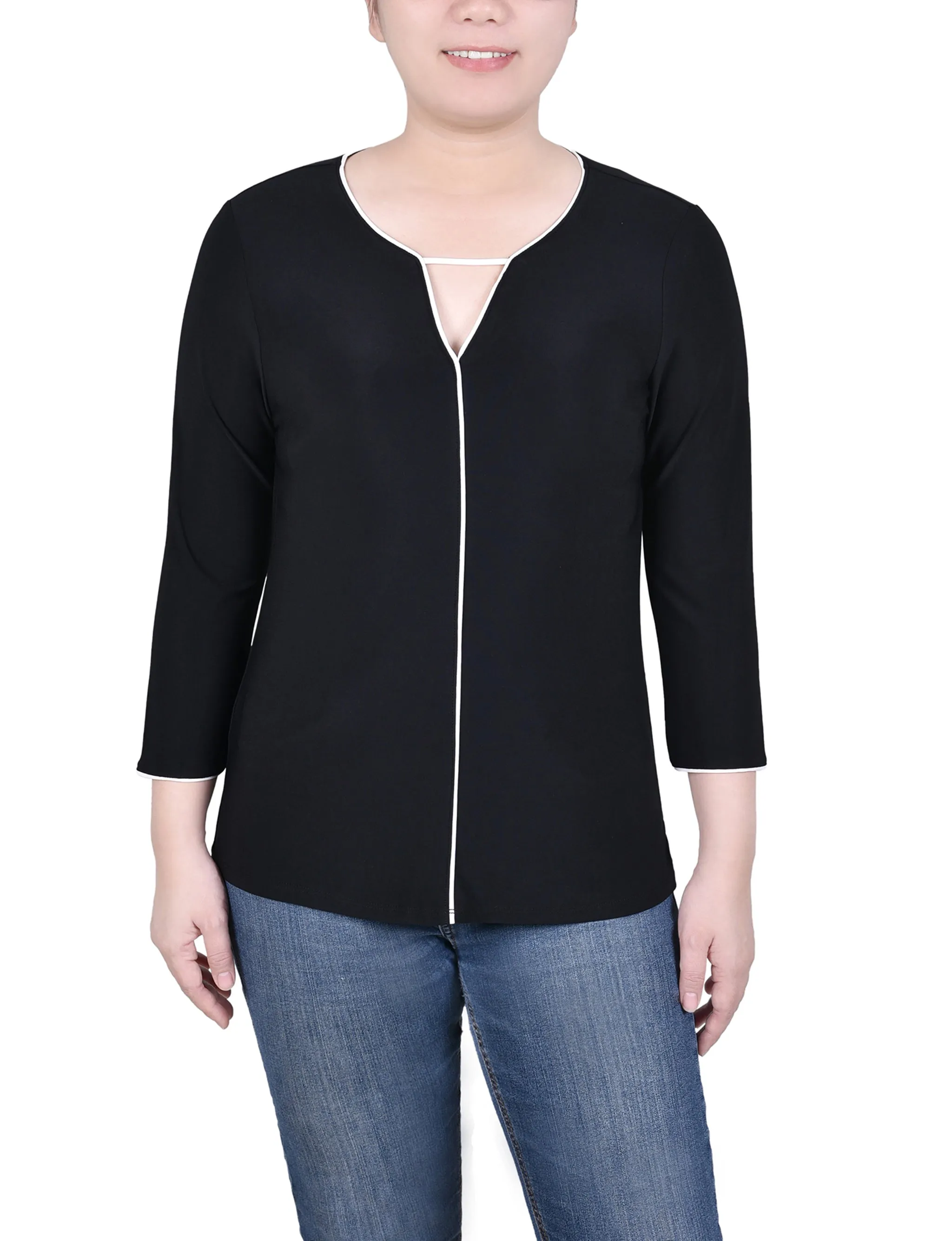 Petite 3/4 Sleeve Piped Top Recycled Polyester Hidden Zipper