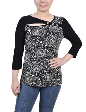 Garment Dyed Finish Petite 3/4 Sleeve Puff Print Cutout Top