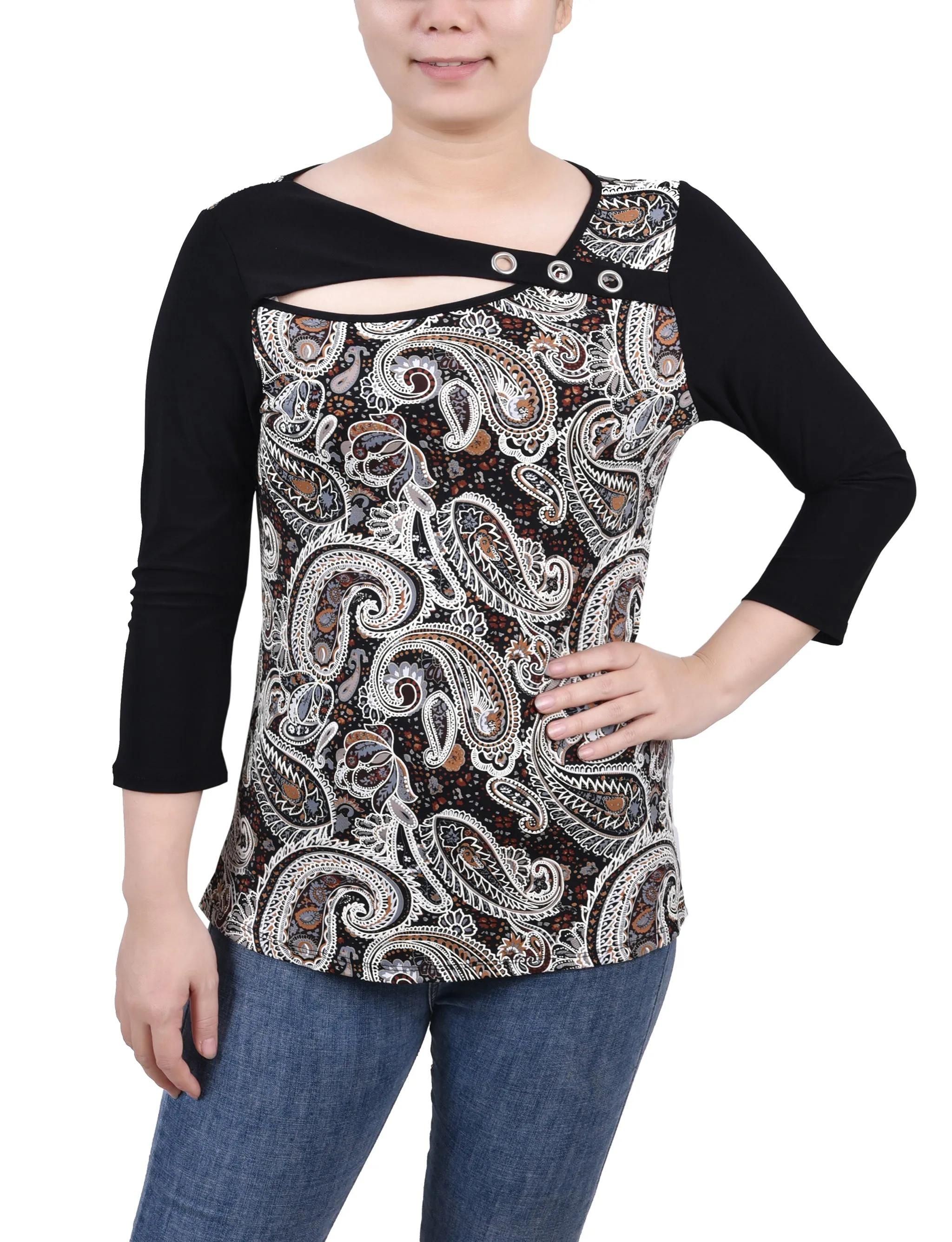Petite 3/4 Sleeve Puff Print Cutout Top SoftLining