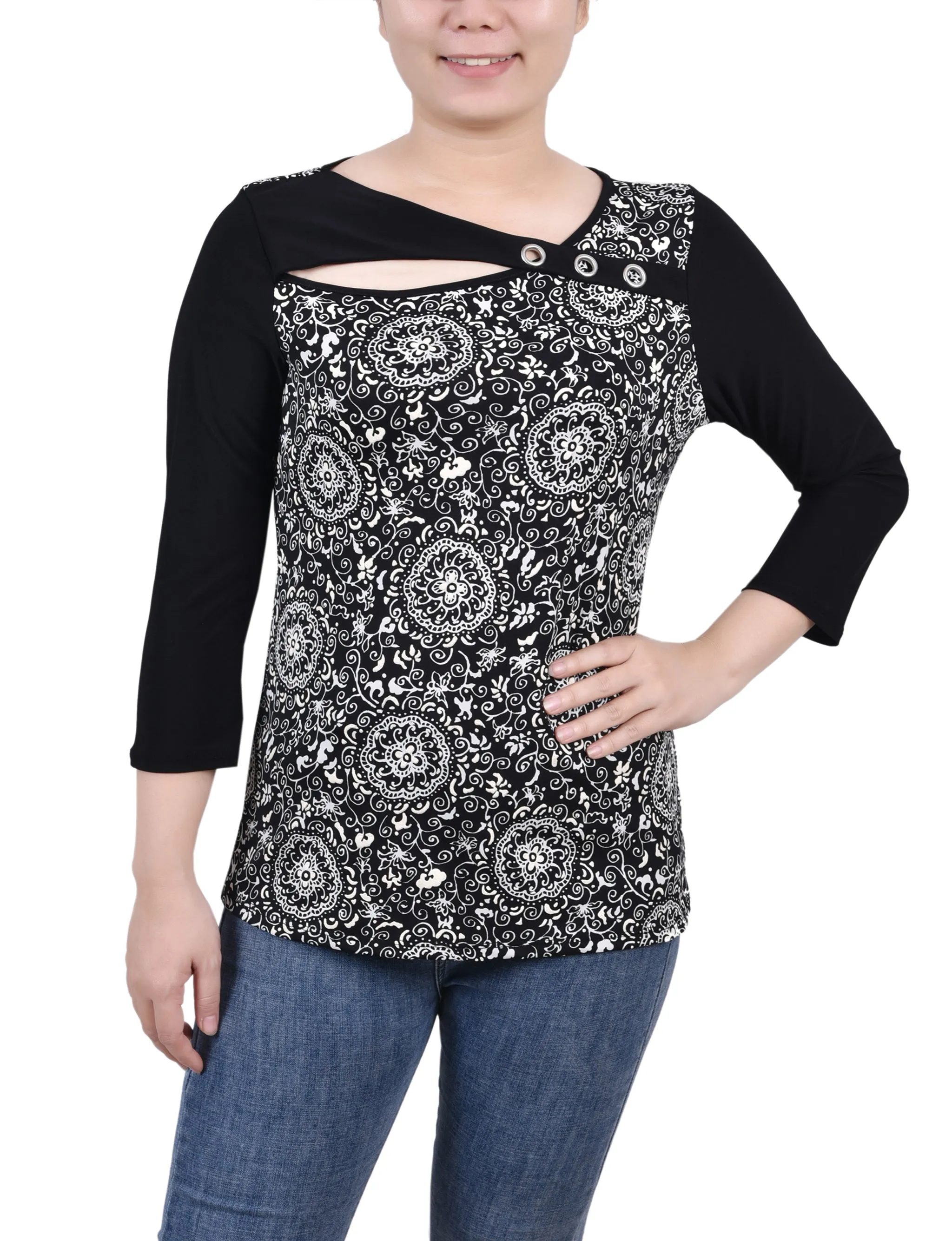 No Iron Fabric Petite 3/4 Sleeve Puff Print Cutout Top