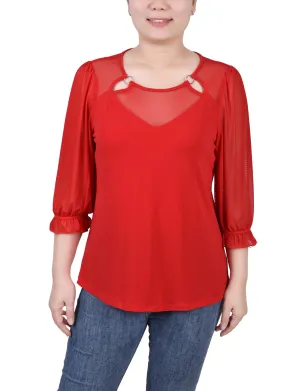 Petite 3/4 Sleeve Ringed Top With Mesh Eco Friendly Material