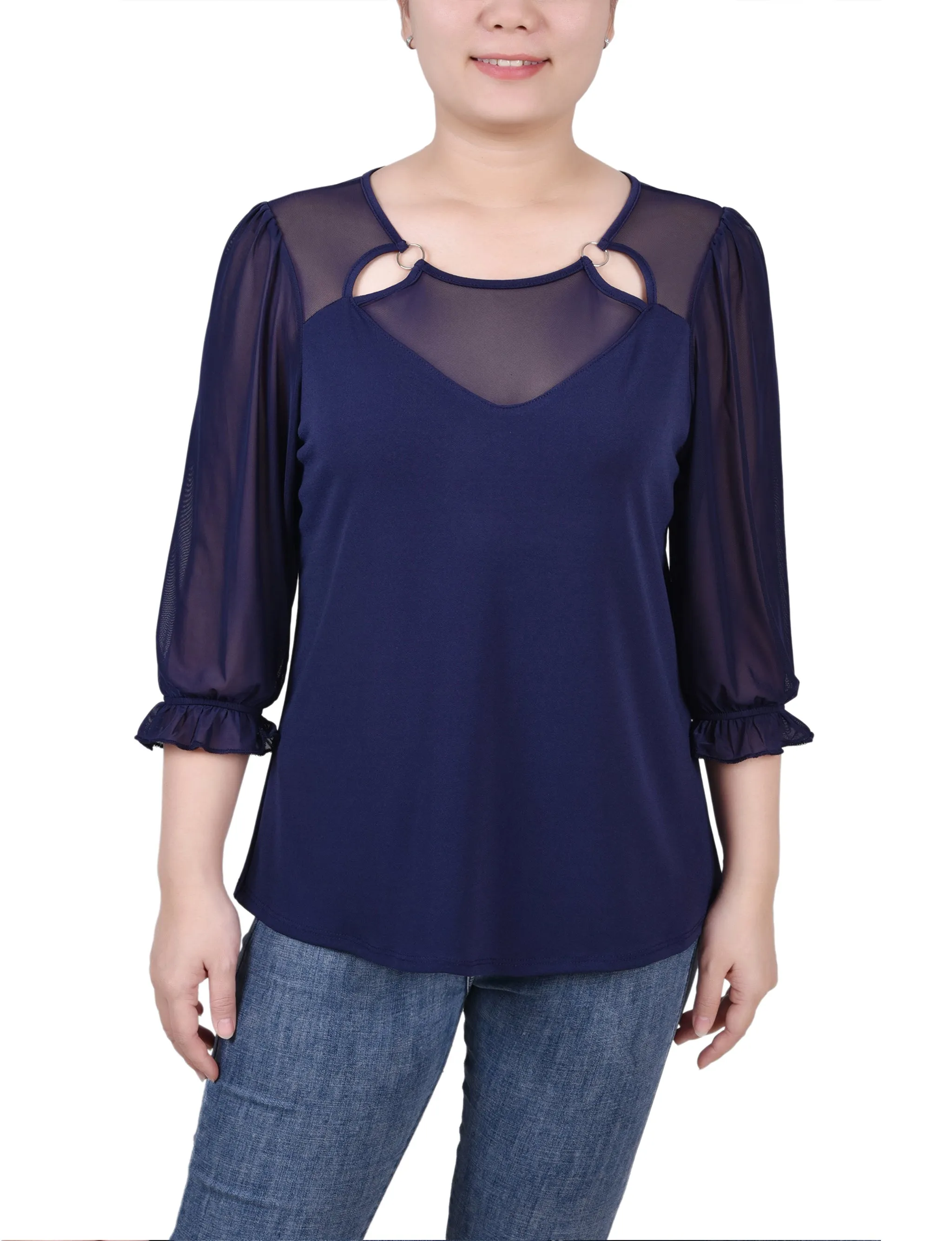 Contrast Stitch Accent Petite 3/4 Sleeve Ringed Top With Mesh
