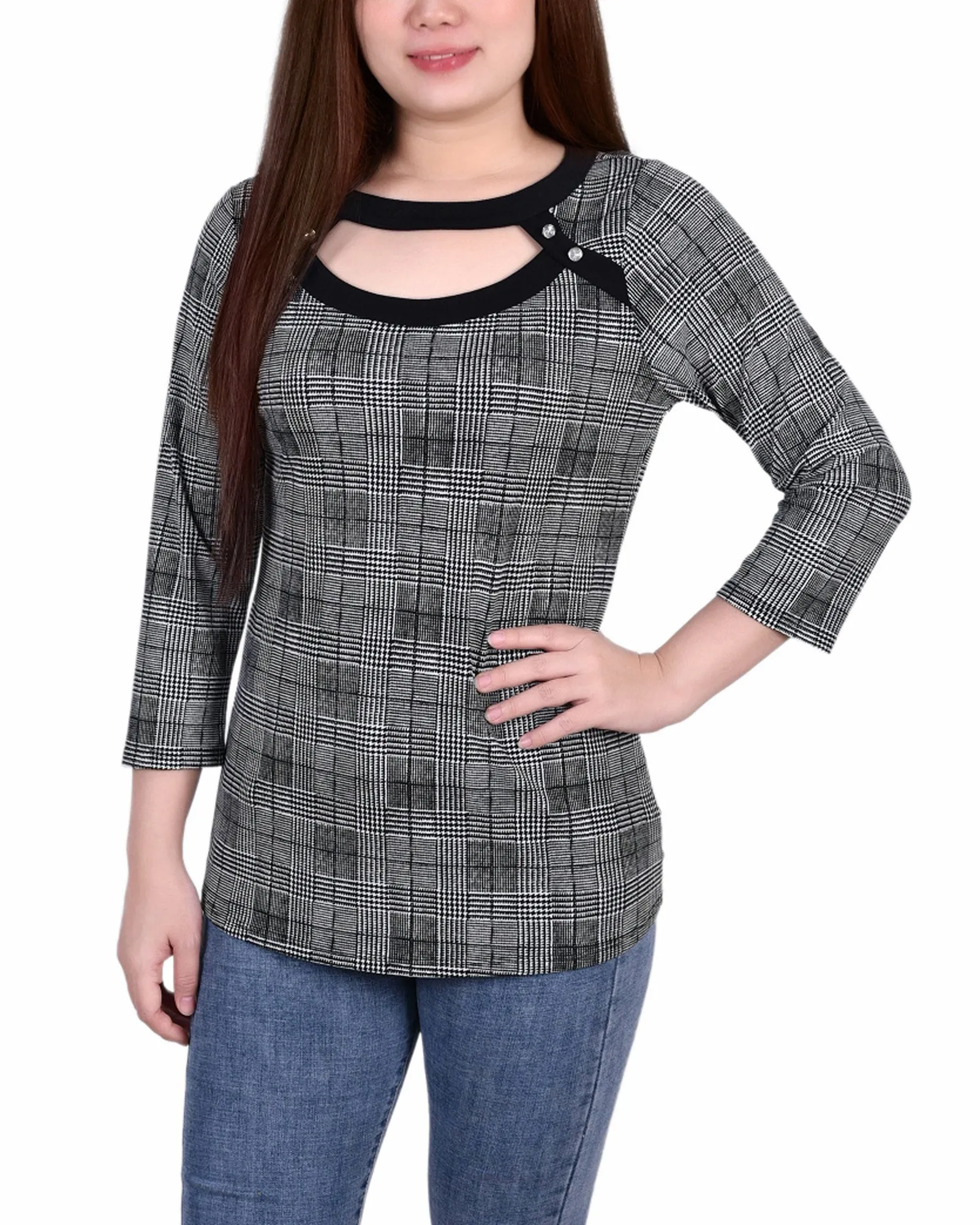 MidweightKnit Chic Sweater Petite 3/4 Sleeve Top With Combo Bands And Front Cutout