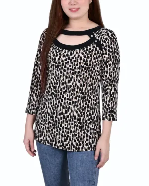 Petite 3/4 Sleeve Top With Combo Bands And Front Cutout ButterSoftTexture