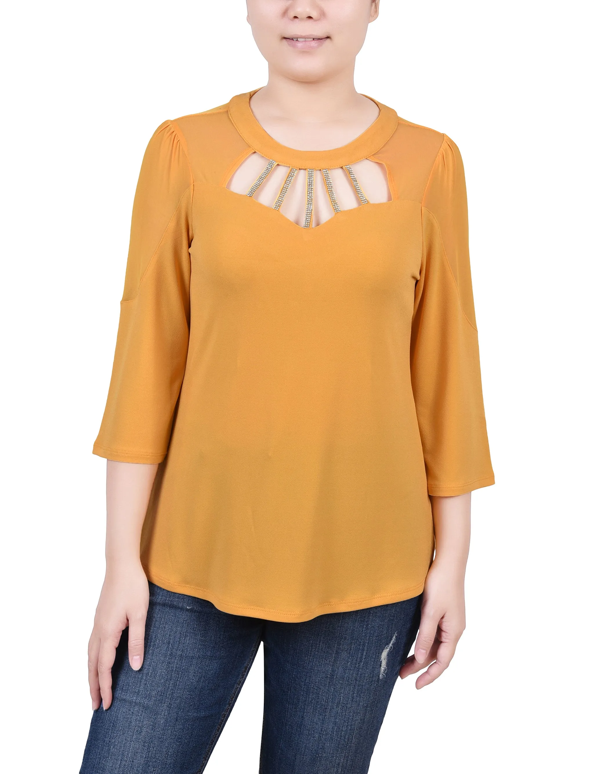 Petite 3/4 Sleeve Top With Neckline Cutouts and Stones Reverseble Design