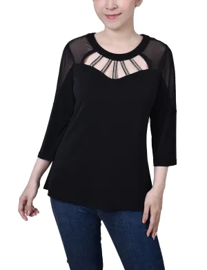 Soft Touch Feel Soft Sweater Petite 3/4 Sleeve Top With Neckline Cutouts and Stones