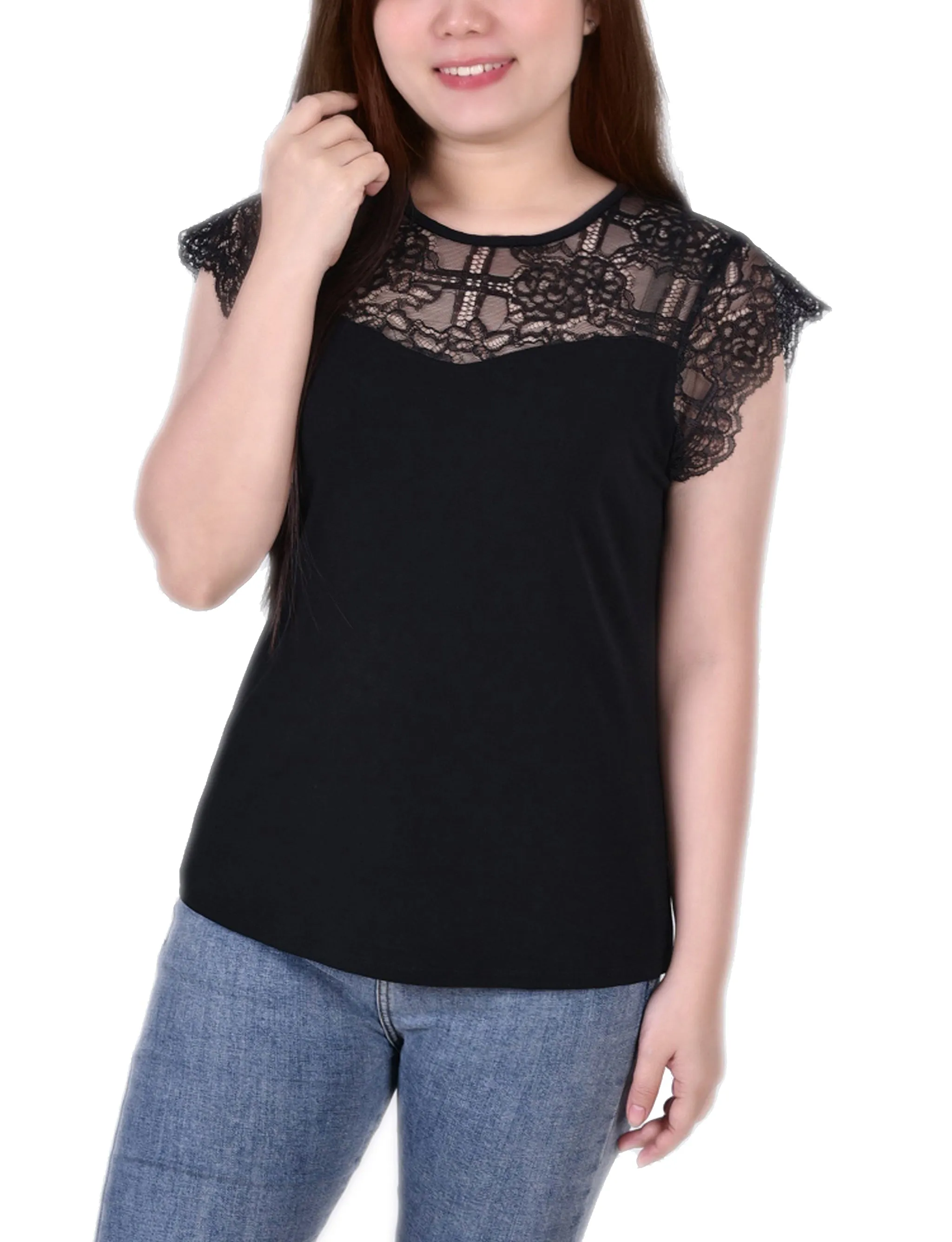AthleticInspired Petite Crepe Knit Top With Lace Flanged Sleeve and Yoke