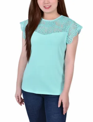 Petite Crepe Knit Top With Lace Flanged Sleeve and Yoke QuickDry Technology
