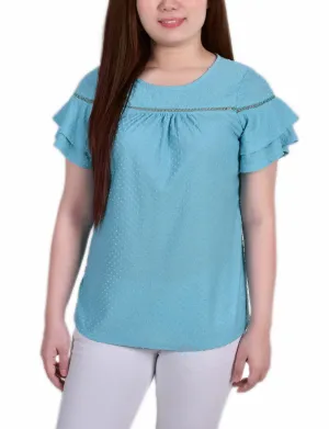 BioBased Fiber Self Fabric Tie Petite Double Bell Sleeve Swiss Dot Top