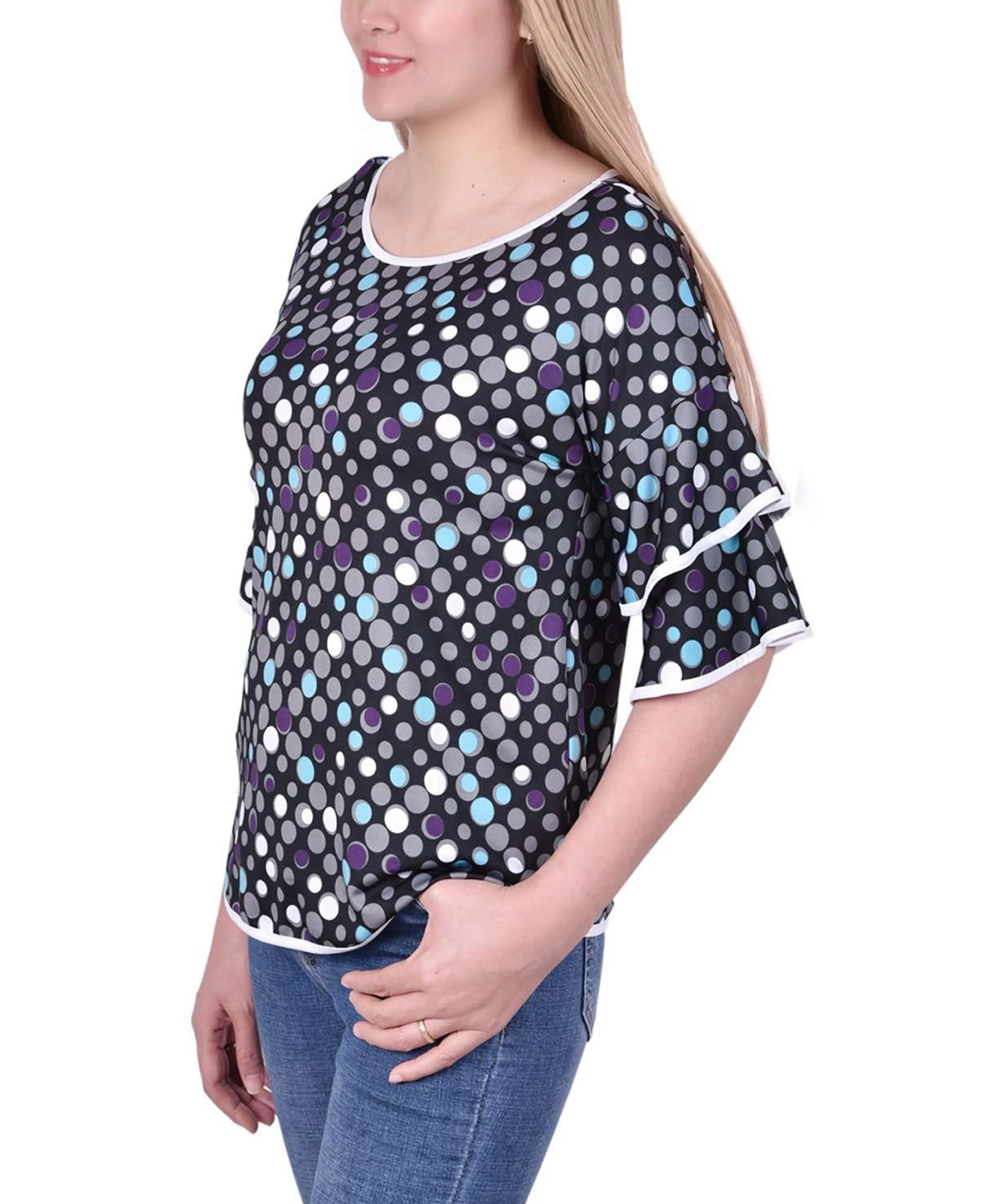 Petite Double Layer Elbow Sleeve Top SoftTouch Minimalist Collar