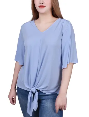 Petite Elbow Sleeve Tie-Front Top HiddenStoragePocket Resilient Elasticity