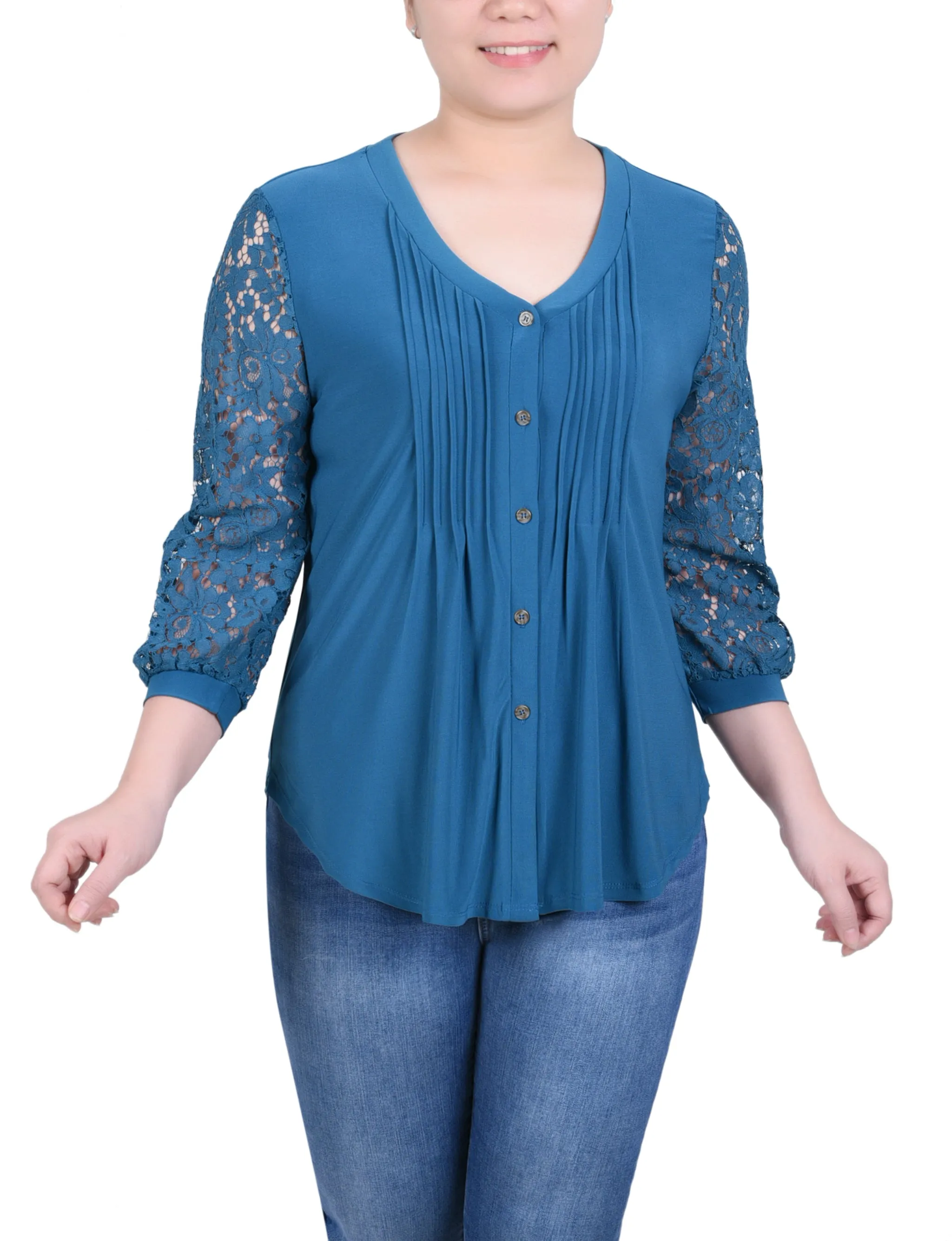 Classic Hoodie Petite Lace-Sleeve V Neck Top