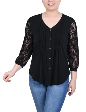 Hidden Ventilation Zones Bonded Seam Durability Petite Lace-Sleeve V Neck Top