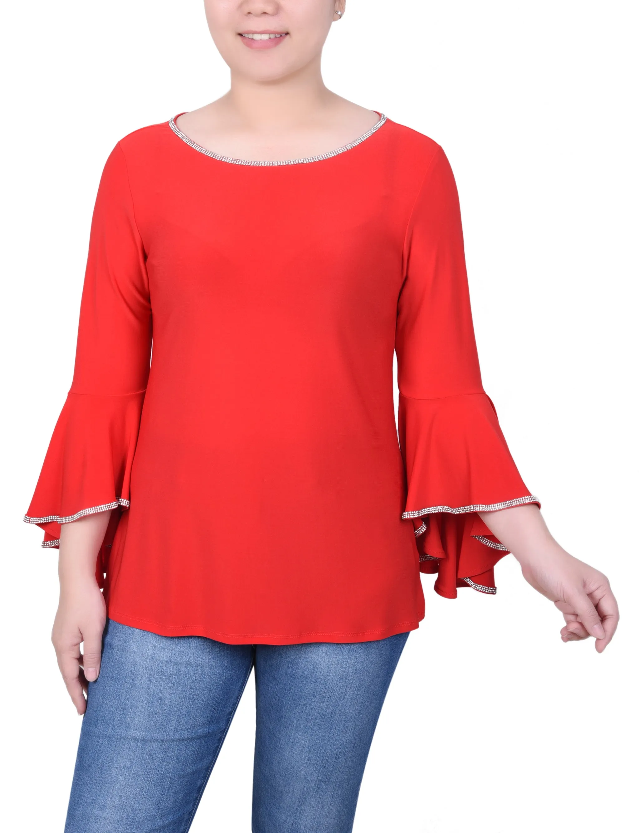 Petite Long Bell Sleeve Tunic Top With Stone Details Layered Neckline AntiPilling Finish