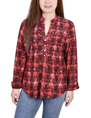 Petite Long Sleeve Jacquard Knit Y Neck Top Active Wear NonRestrictiveCut
