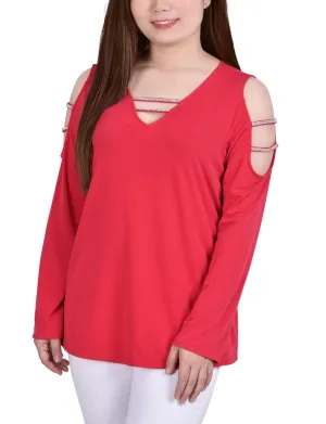 ZeroWaste Pattern WrinkleResistantFinish Petite Long Sleeve Knit Crepe Rhinestone Top