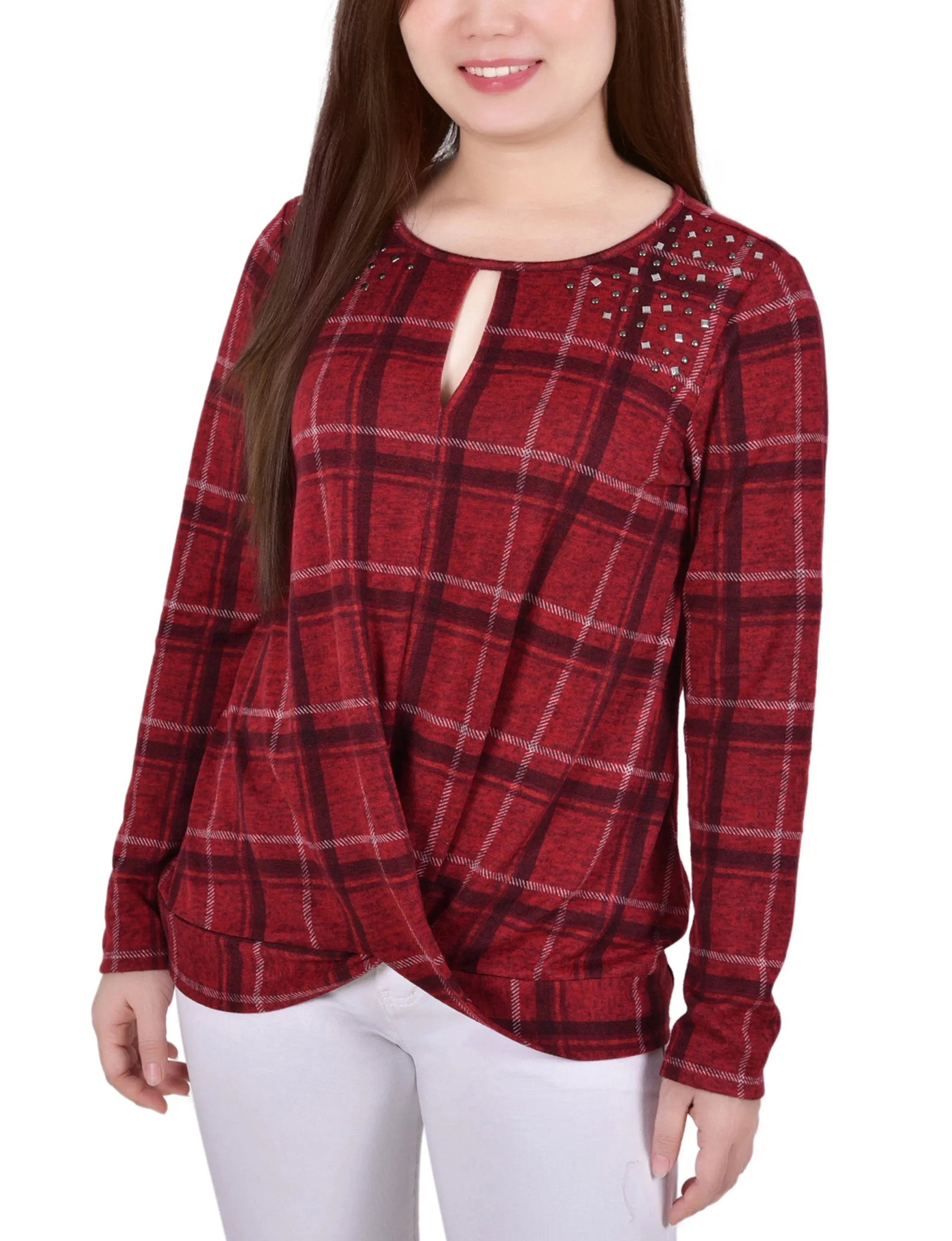 Petite Long Sleeve Knit Keyhole Top With Studs Reinforced Stitching Reflective details